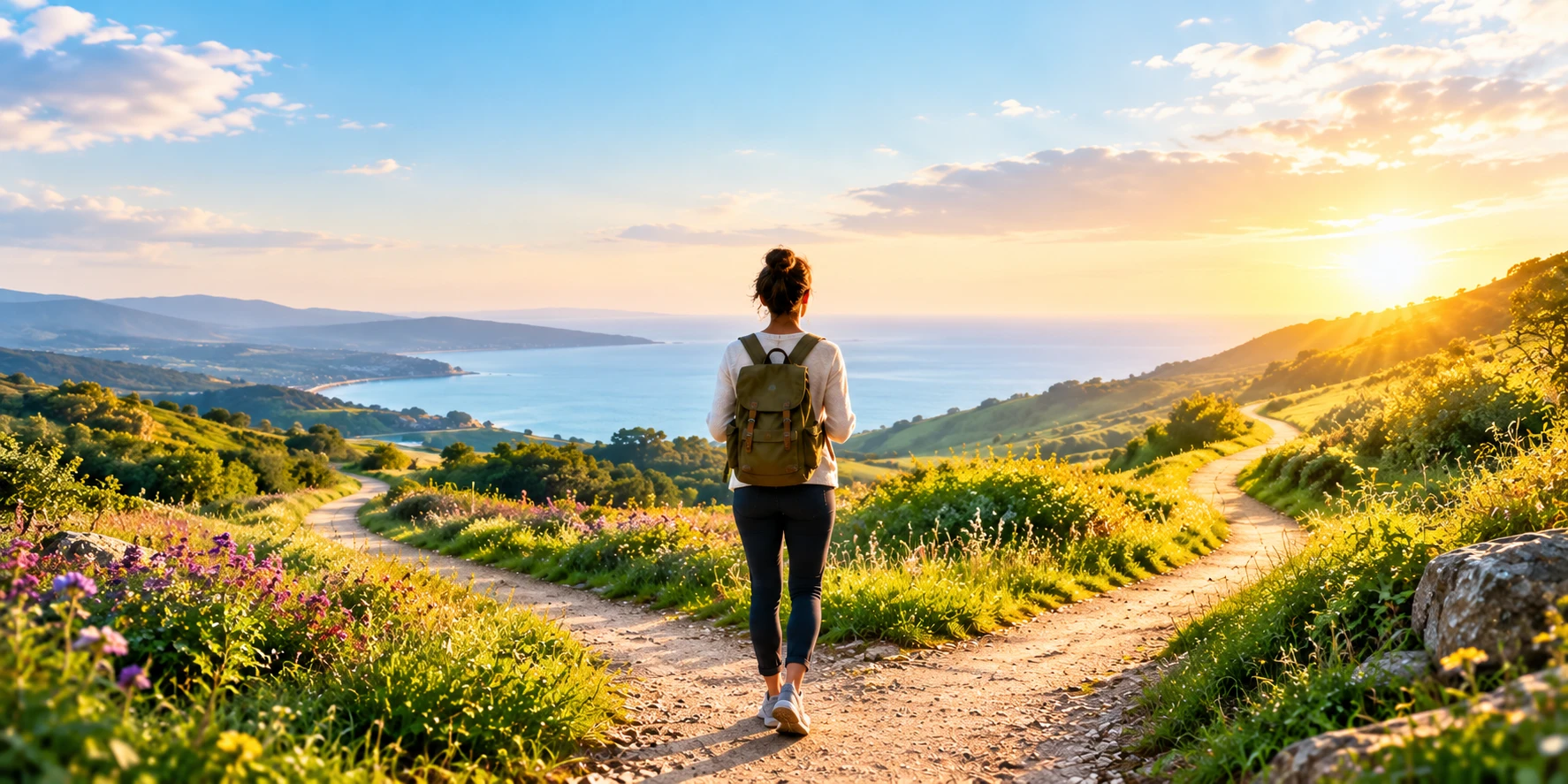 Walker with a backpack pausing where a coastal path forks at sunrise
